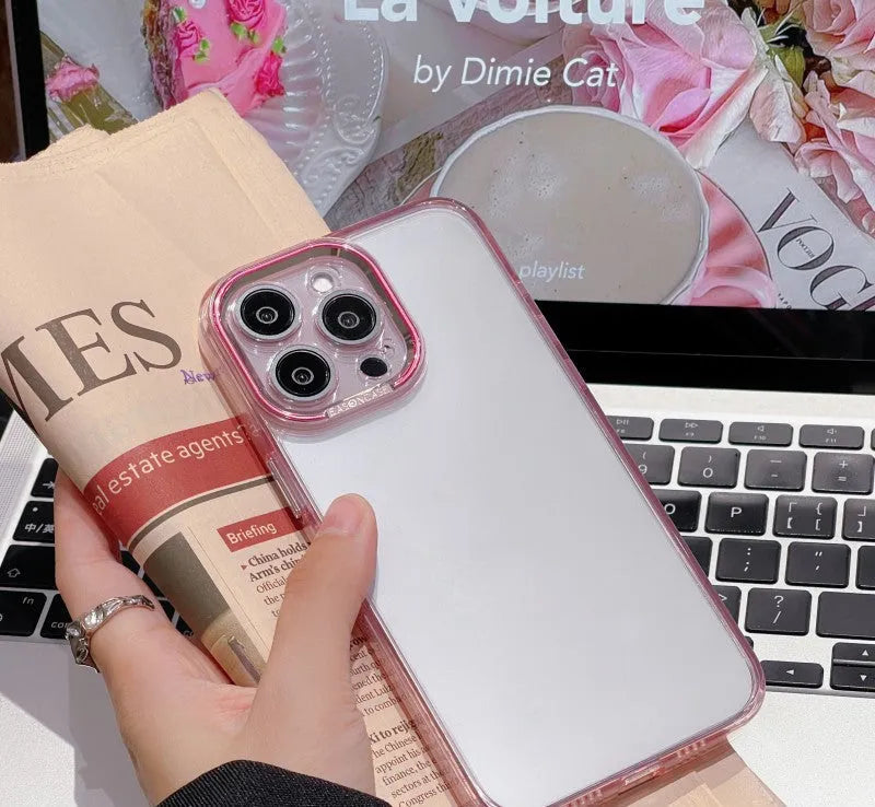 Freezing Point transparent acrylic phone case with embossed finish for iPhone, showing anti-fall all-inclusive design