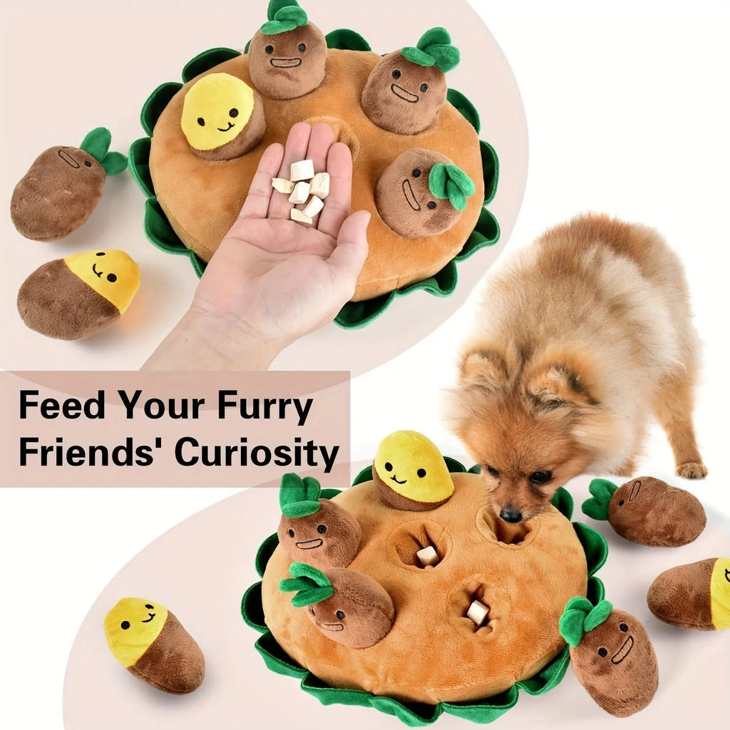 Yellow interactive dog puzzle pad with removable squeaky plush toys as a slow feeder and foraging game.