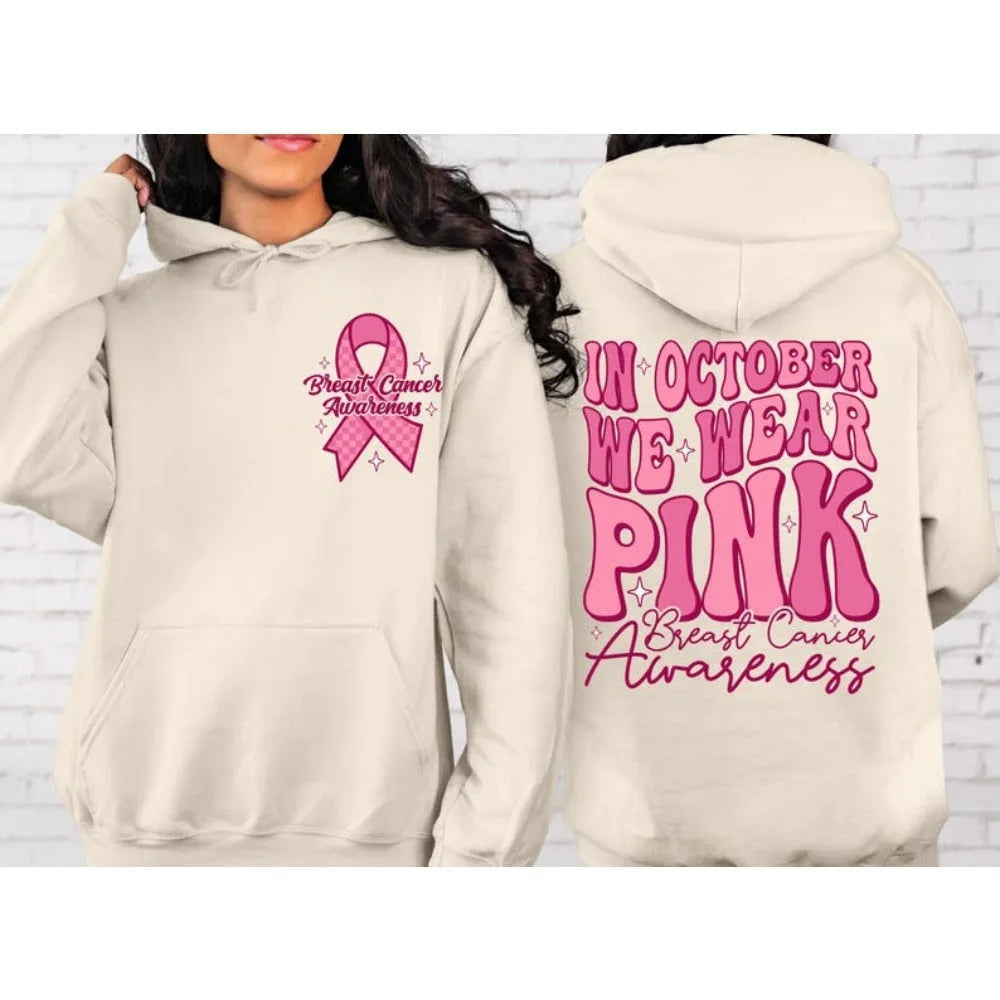 Breast Cancer Awareness pullover hoodie with retro art design and side pocket in pink colour