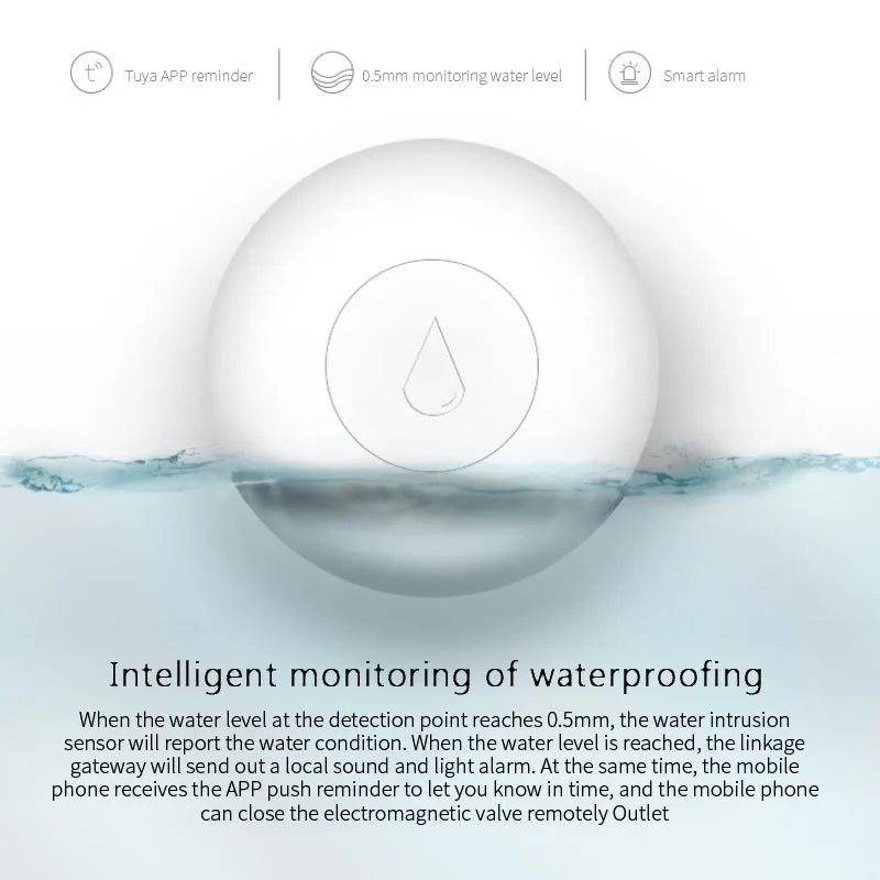 Zigbee wireless flood sensor for smart home water leak detection with compact 50mm by 17mm PC plastic housing