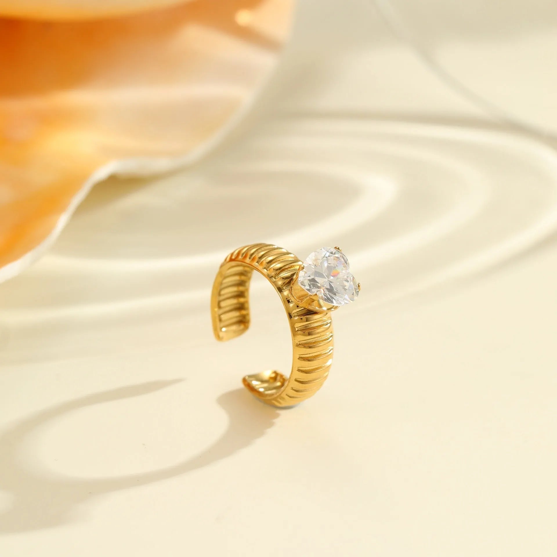Gold electroplated stainless steel open mouth ring with zircon decoration and geometry design
