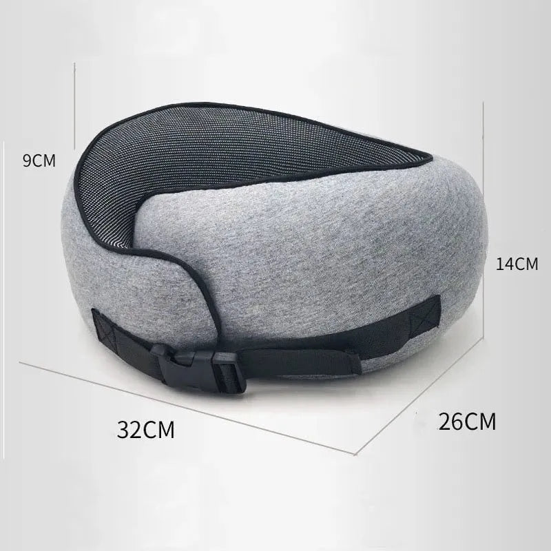 U-shaped travel neck pillow with memory foam filling in navy blue colour with buckle fastening