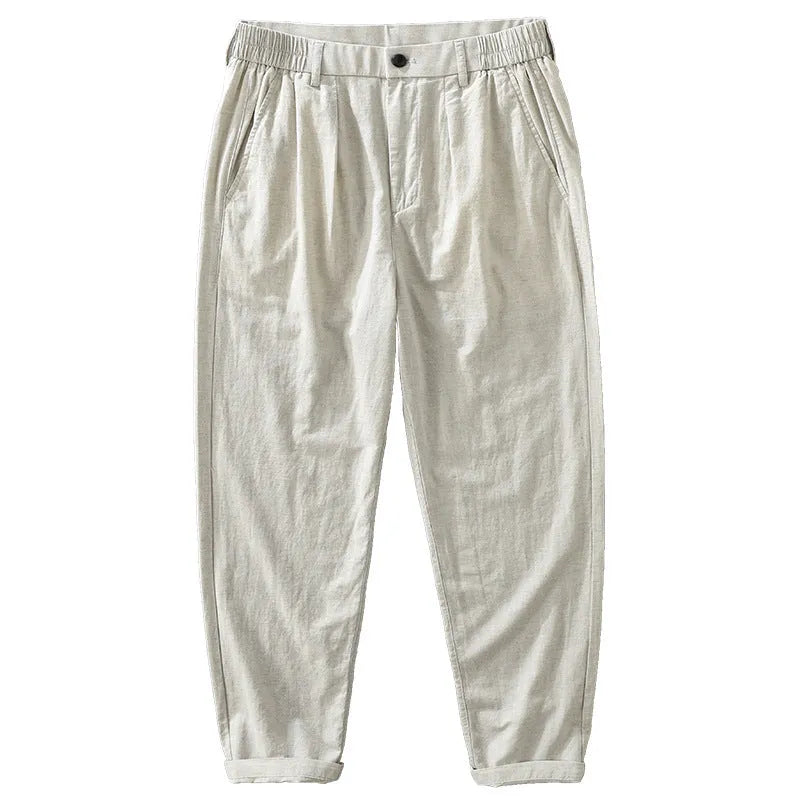 Men's straight-leg casual trousers in cotton-linen blend fabric with Japanese style design