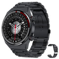 Black smartwatch with rotary key, leather strap, and 1.3-inch screen displaying health metrics.