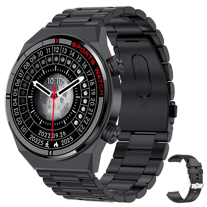 Black smartwatch with rotary key, leather strap, and 1.3-inch screen displaying health metrics.