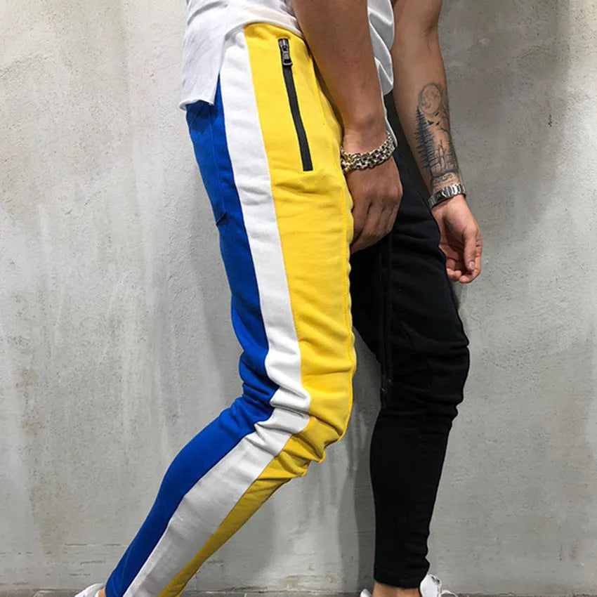 Men's cotton blend colour mix jogger sweatpants in yellow black, casual cone leg style with drawstring waist