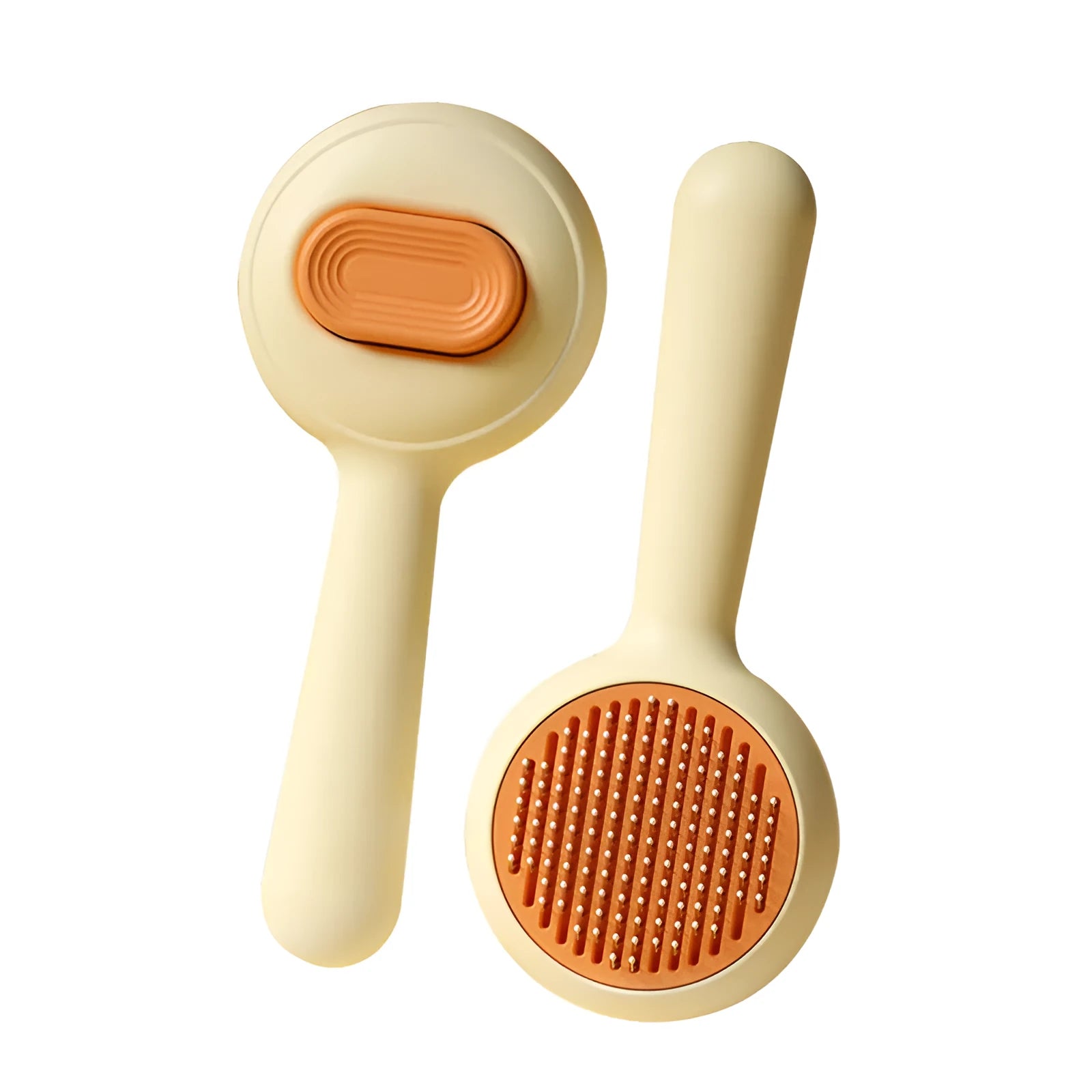 Green and yellow pet grooming brushes with stainless steel teeth and non-slip handles.