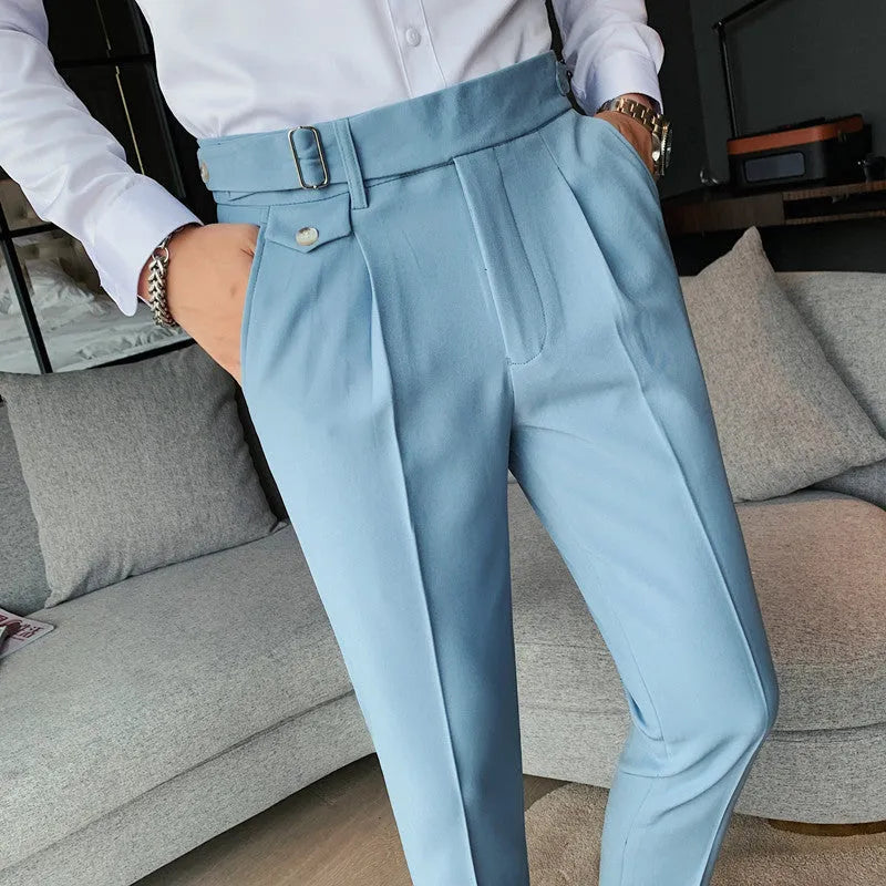 Straight-leg casual polyester trousers on a hanger, shown in a solid colour.