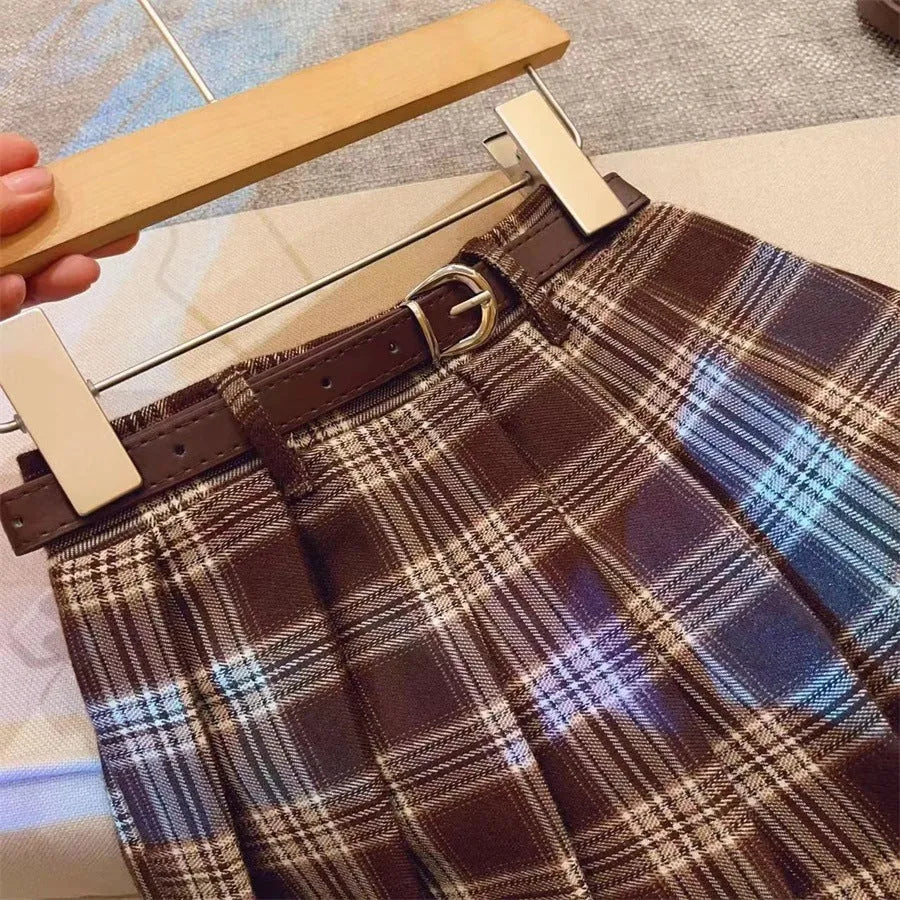 Girls' plaid pleated A-line skirt in cotton blend fabric for heights 90cm to 140cm