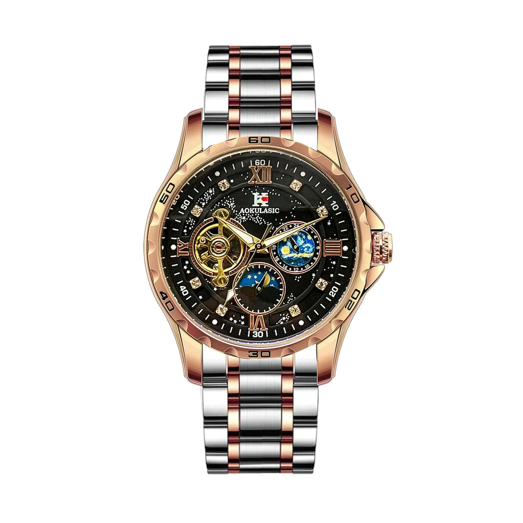 Men's rose gold and black automatic mechanical watch with large dial