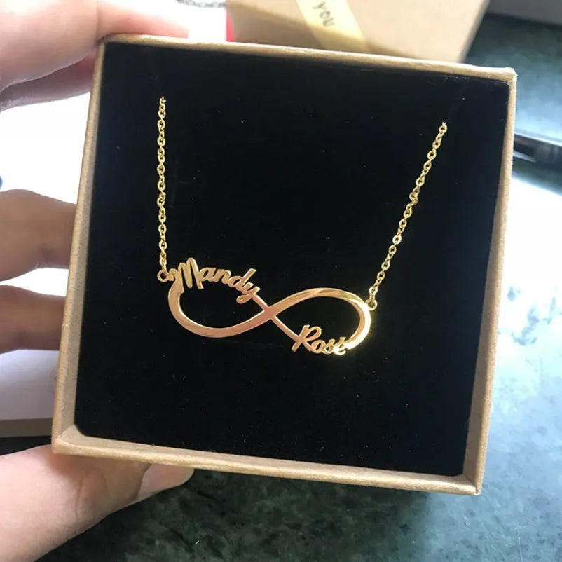 Custom infinity pendant name necklace in gold stainless steel with engraved names