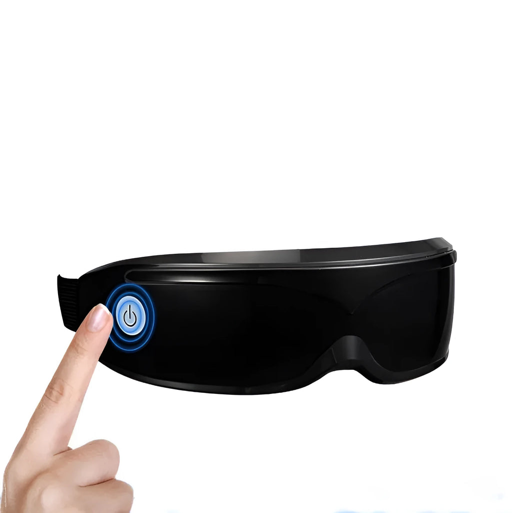 Eye massager with adjustable headband, silicone contacts, and 9 vibration modes in black and white colour