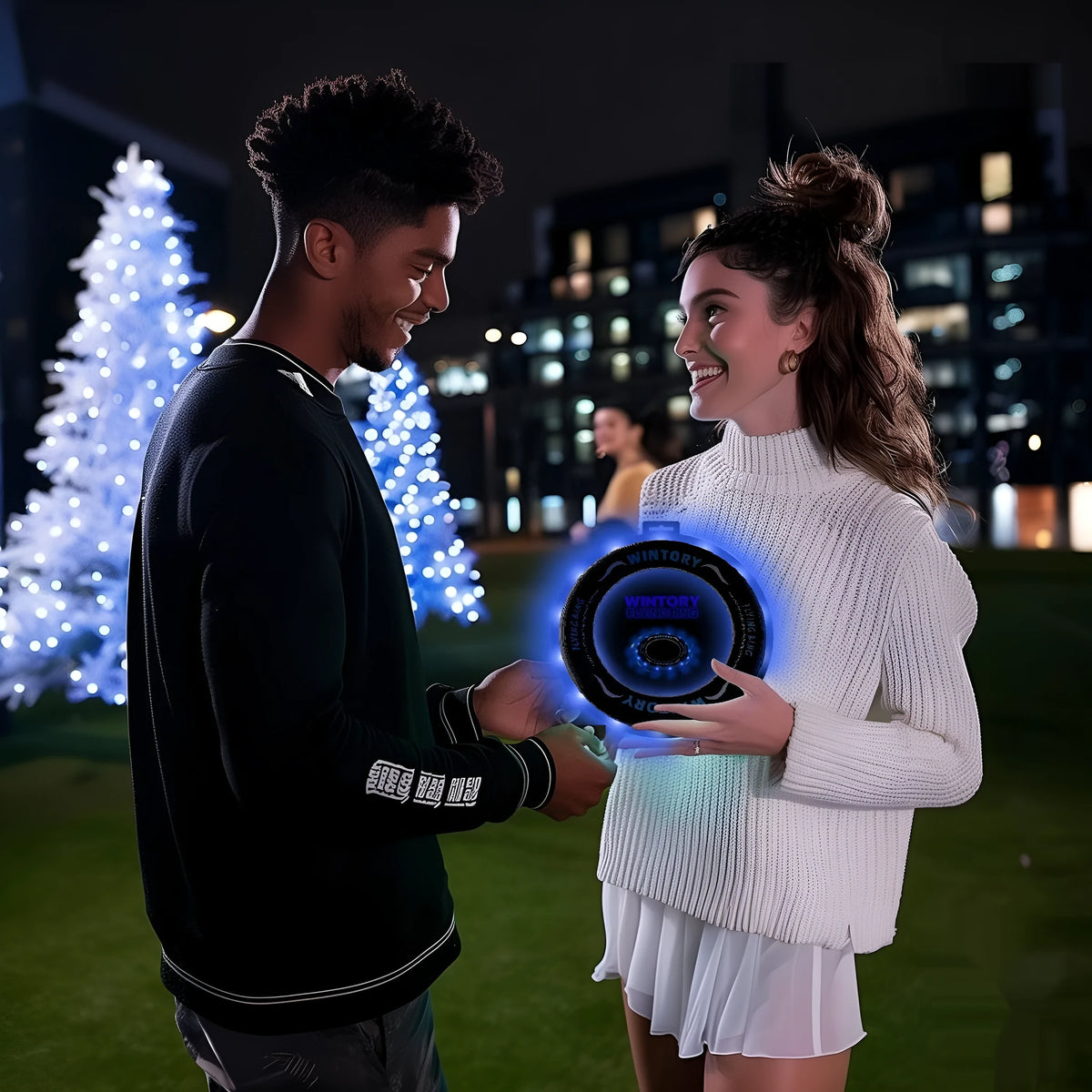 Blue LED ring flying disc toy with hollow centre, ABS plastic body, and battery-powered flash function for hand throwing.