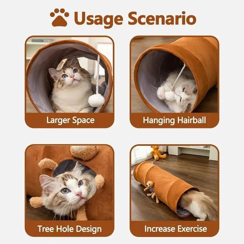 Collapsible cat tunnel with plush ball in brown or grey, showing foldable steel wire frame and suede fabric