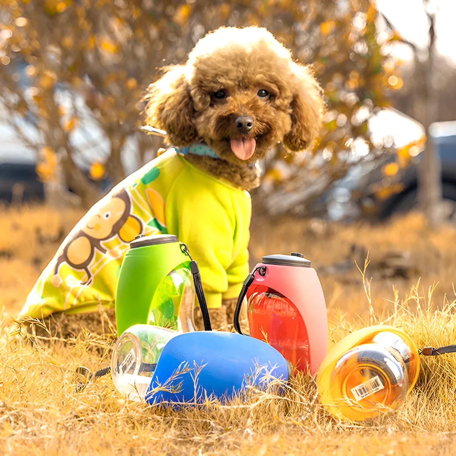 Portable pet water bottle with drinking bowl in sky blue, showing key lock and wide sink design.