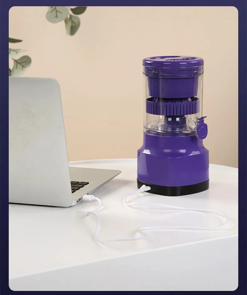 Purple USB rechargeable electric citrus juicer with cone-shaped reamer and 2400mAh battery