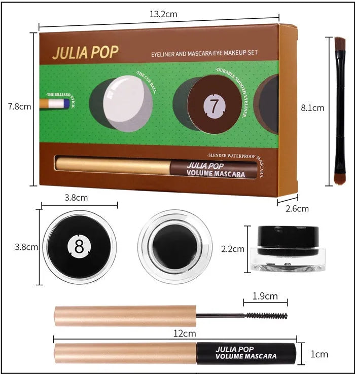 Waterproof smudge-free mascara and eyeliner set in black and brown with application brush