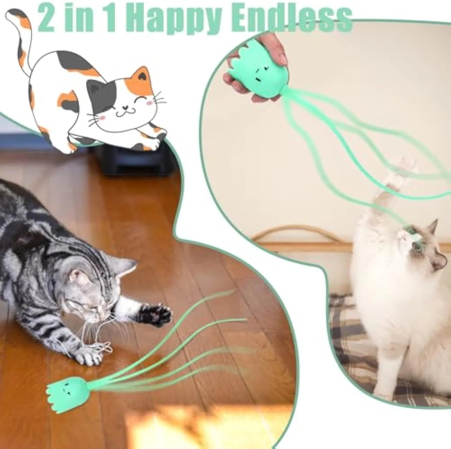Green automatic cat wand toy with swinging silicone tails on a wooden floor.