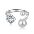 S925 sterling silver open ring for women with zircon and pearl inlay and adjustable opening in platinum colour