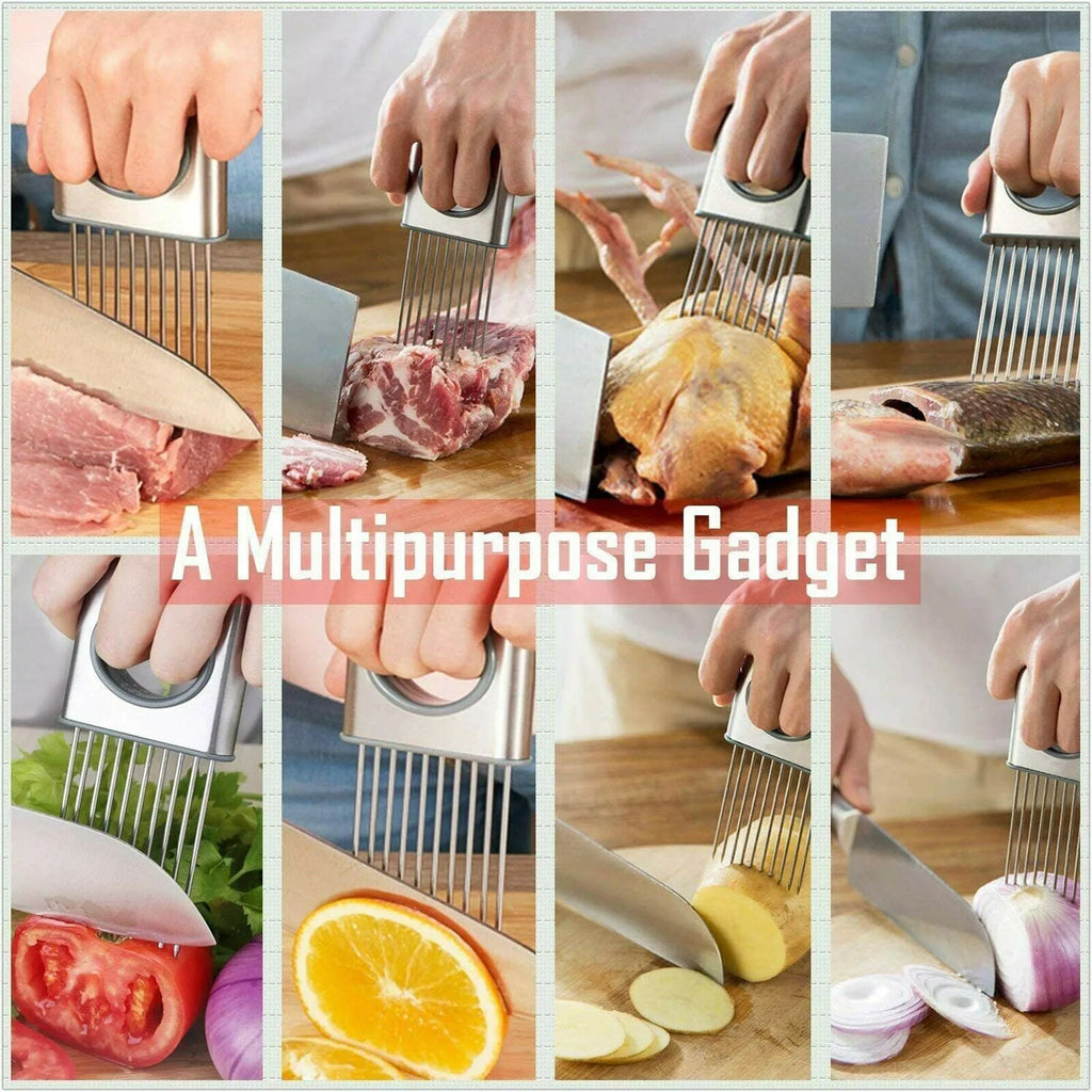 Stainless steel onion holder slicer with ultra-sharp prongs and finger guard for kitchen vegetable cutting