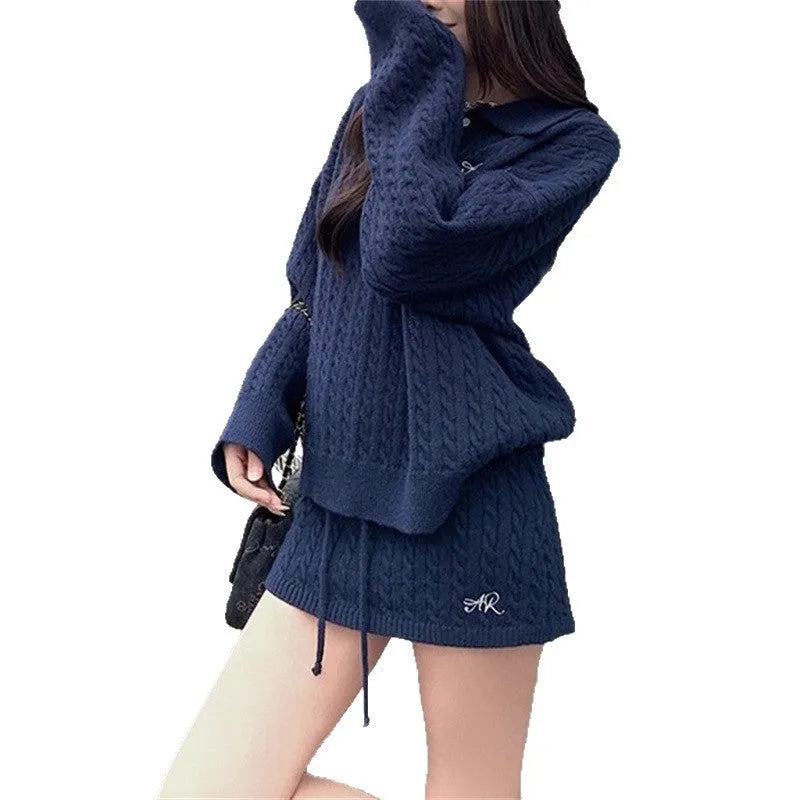 Korean-style academic twist knit skirt set in beige and blue colour blocking with long sleeve top and short skirt