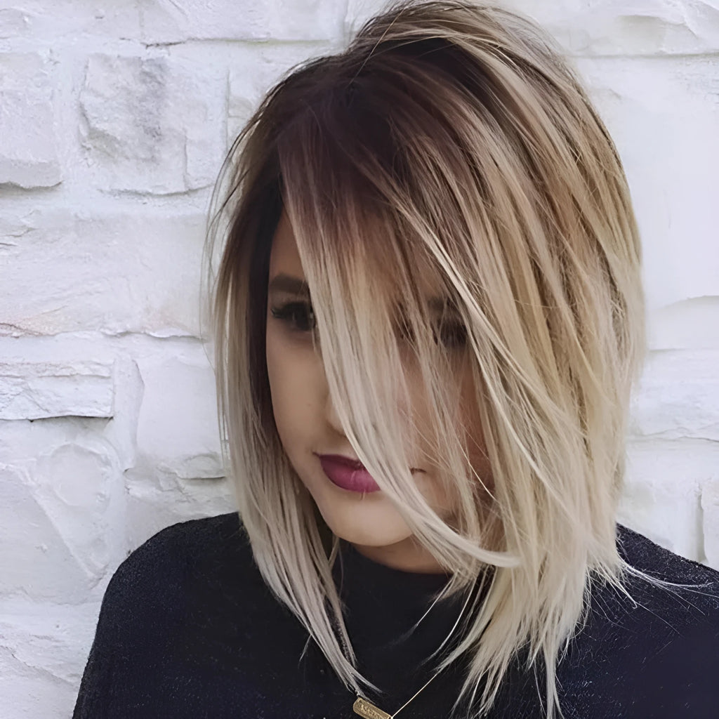 Short straight wig in gold colour, 16 inch length, chemical fibre high temperature silk
