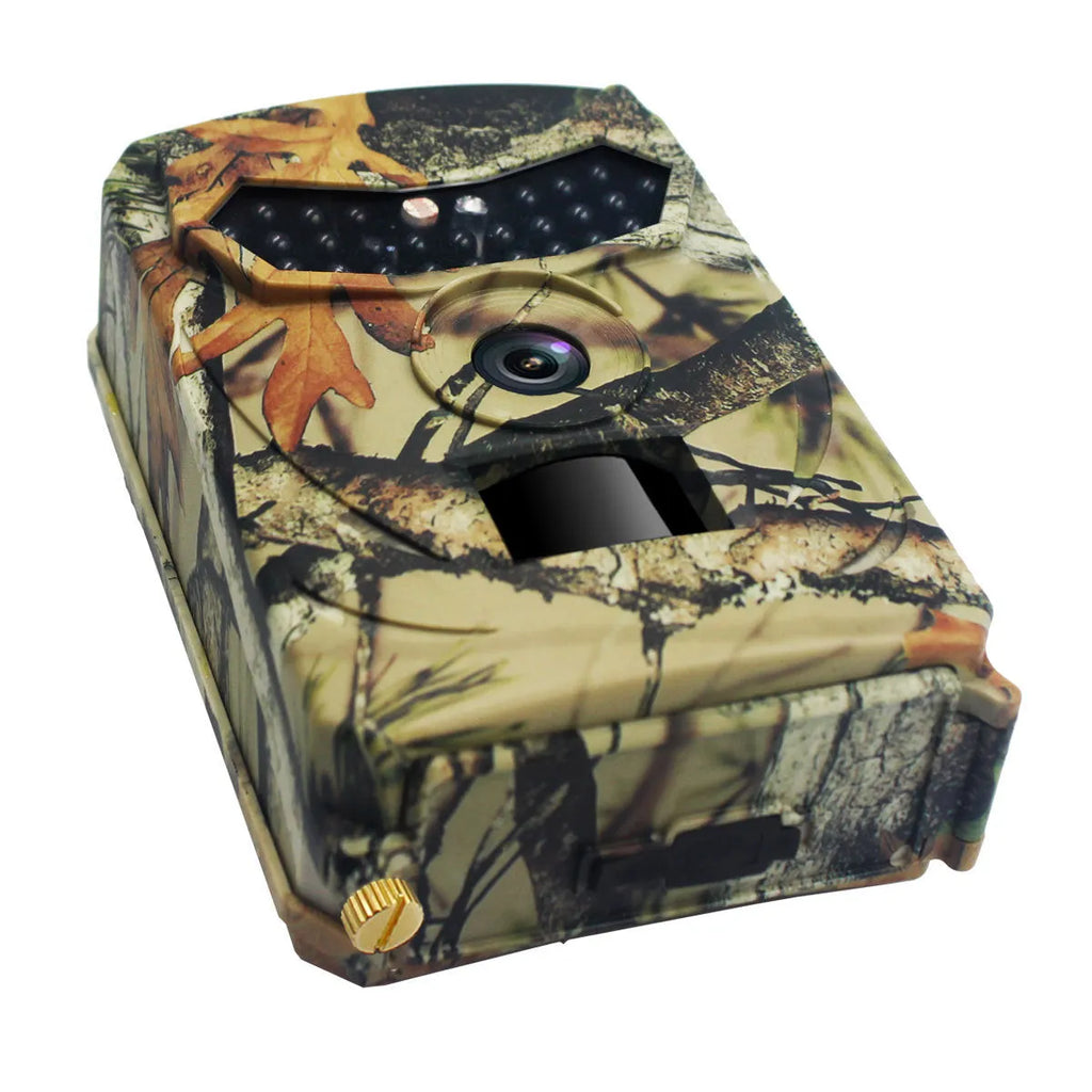 Yellow brown plastic 16MP hunting game camera with infrared LEDs for night vision.