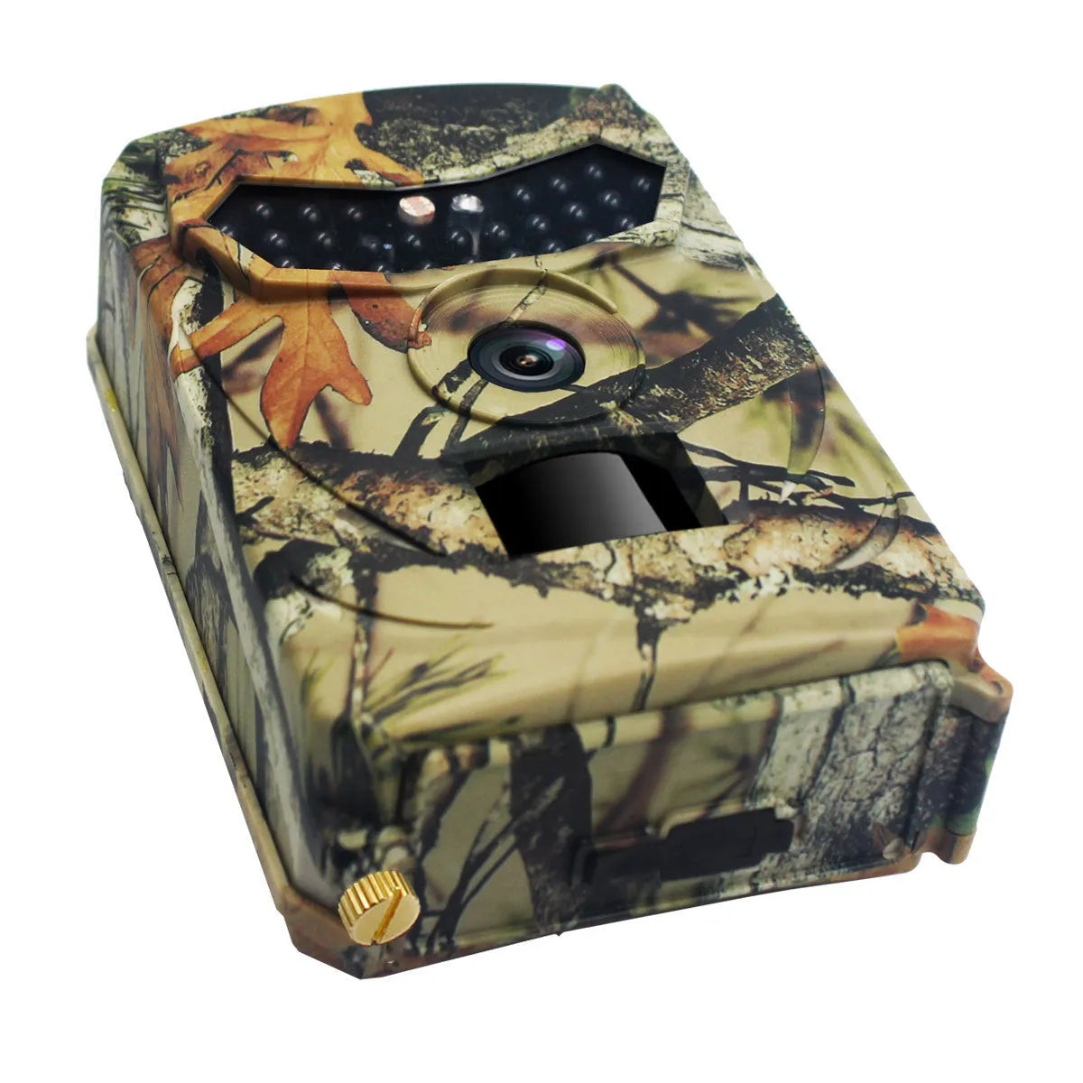 Yellow brown plastic 16MP hunting game camera with infrared LEDs for night vision.