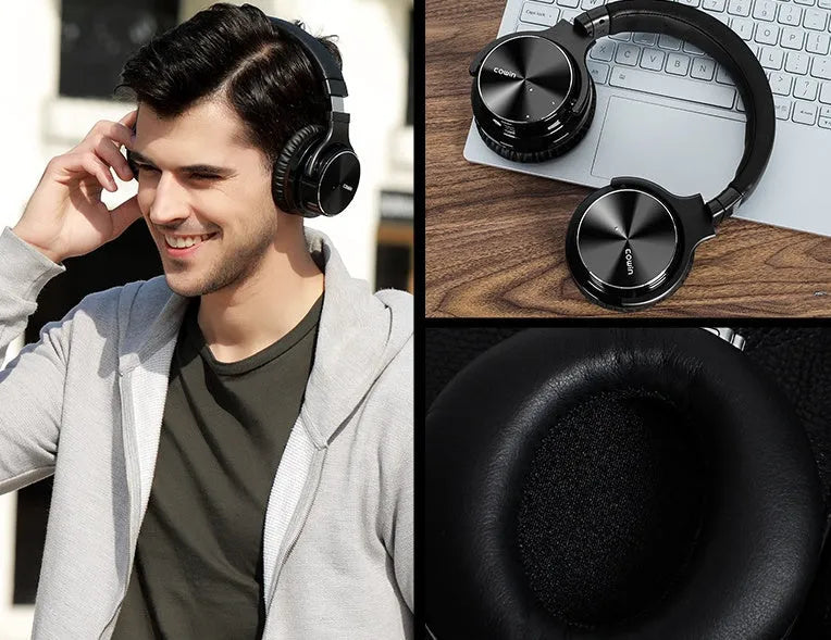 Male wireless Bluetooth headset head mounted in black with padded ear cups and adjustable headband