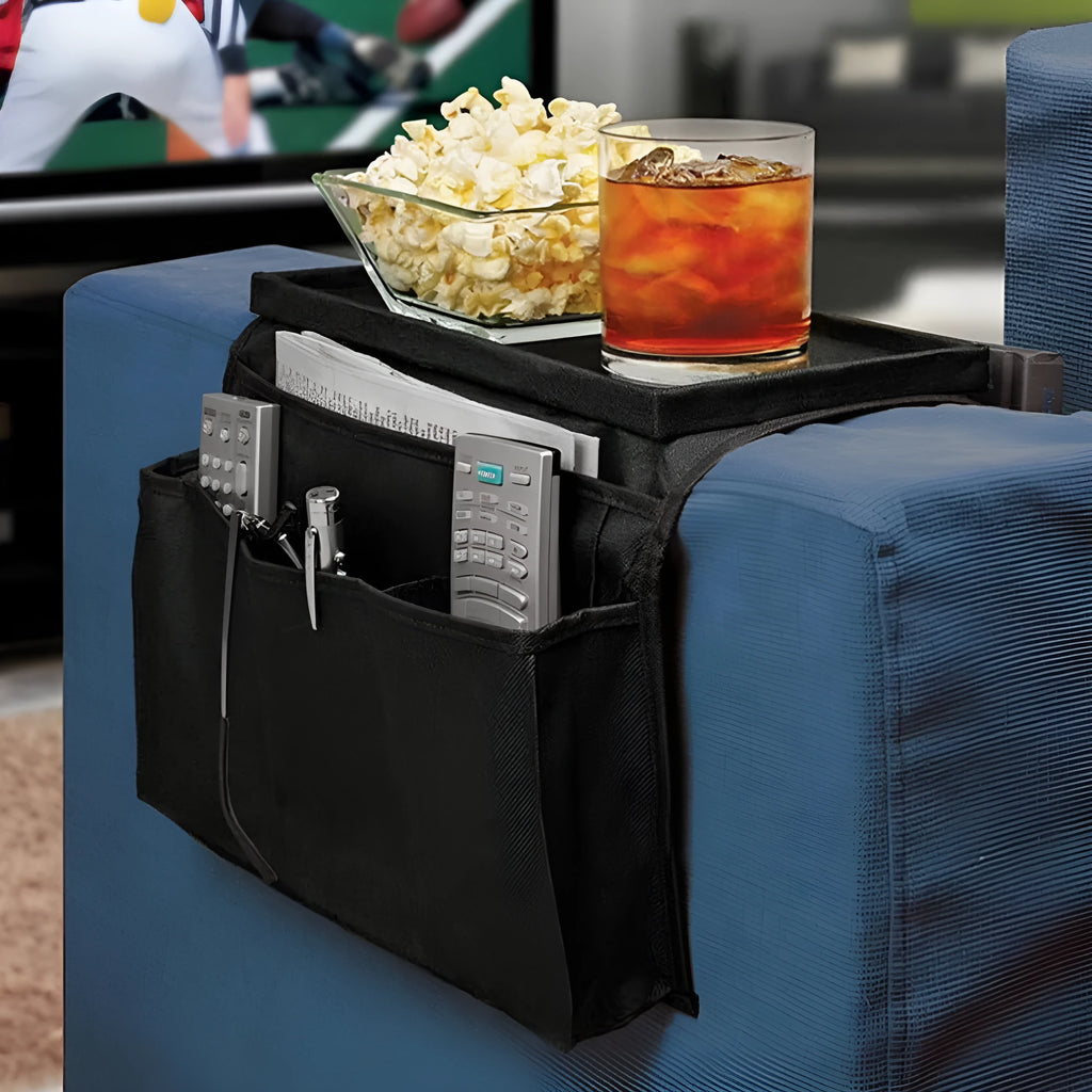 Sofa armrest organizer bag in Oxford fabric with pockets for remote controls and magazines