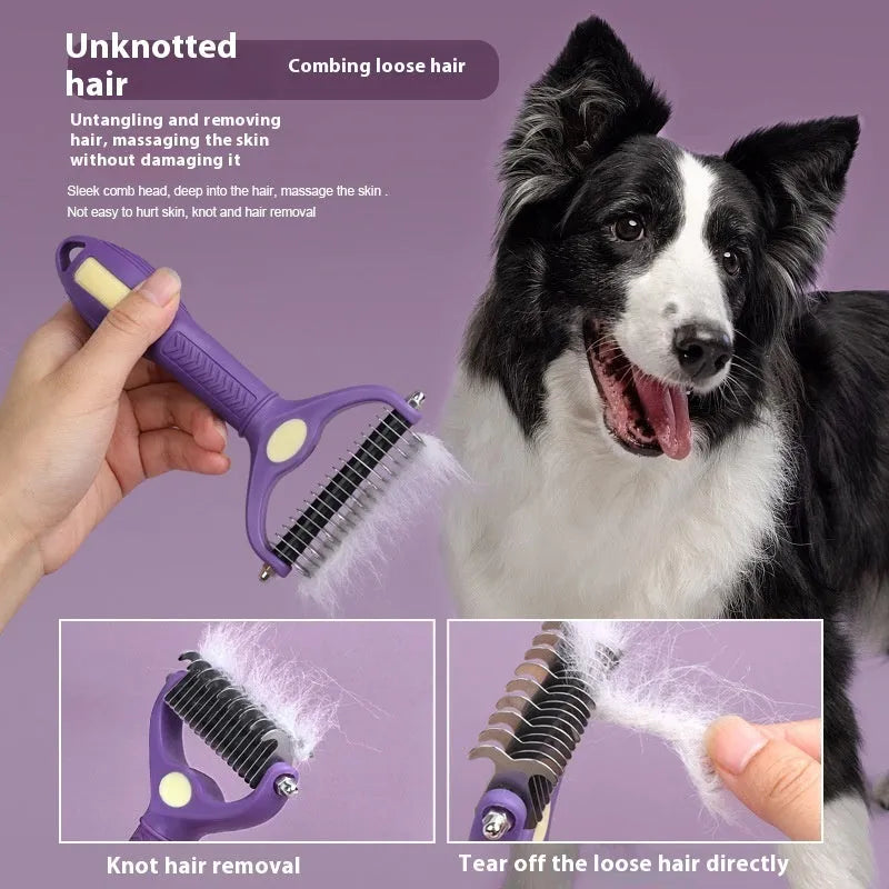 Purple plastic double-sided pet comb for detangling dog and cat fur.