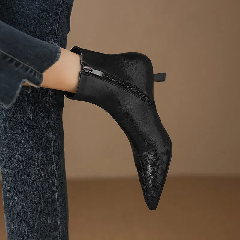Women's genuine leather ankle boots with chunky mid-heel, square toe, side zipper, and belt buckle detail