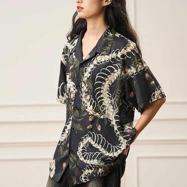 Men's short sleeve Cuban collar shirt with a snake bone floral pattern print in assorted colours.