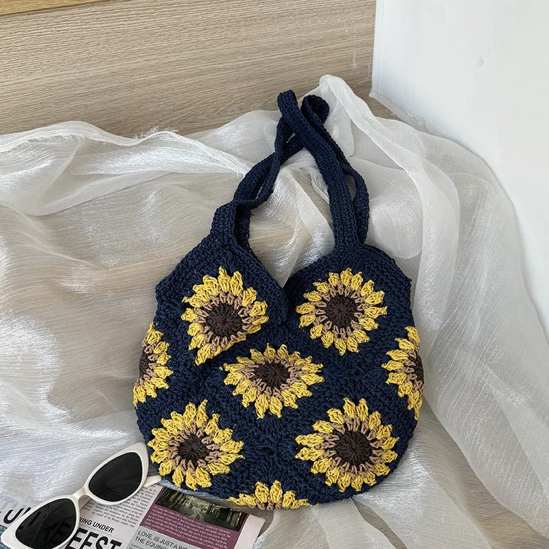 Cotton and linen woven women's shoulder bag bucket bag 29cm height 28cm width brown colour