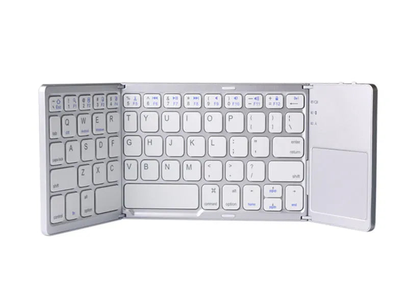 Ultra-thin tri-fold folding Bluetooth keyboard with touchpad in black, folded and spread open