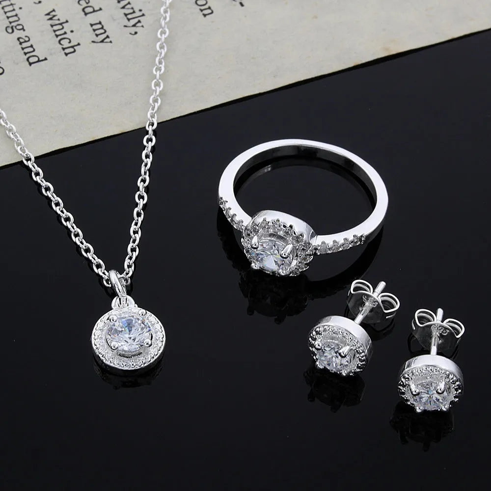 Silver-tone zircon jewellery suit with inlaid apple ring in code 8 and 18-inch necklace, 9g set