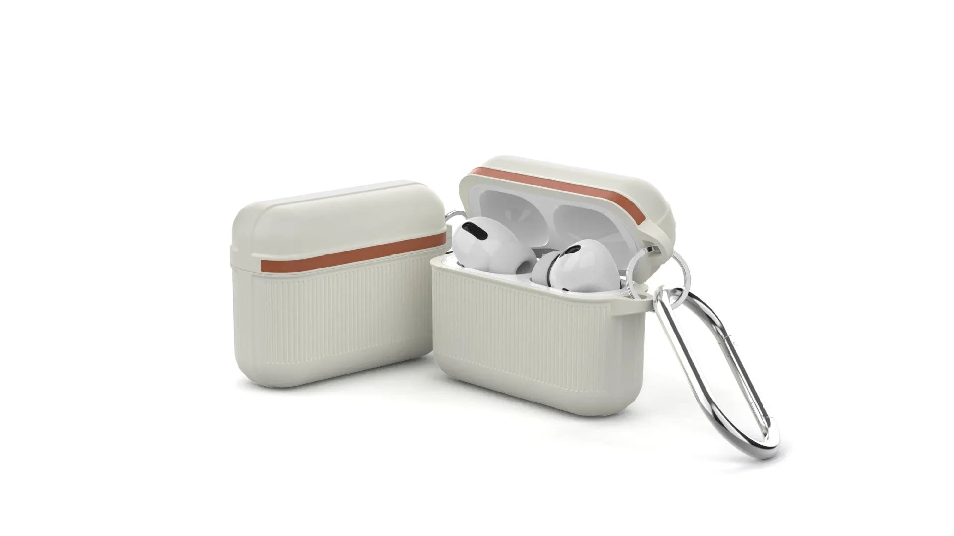 Beige silicone clamshell protective case for Apple AirPods with a metal buckle.