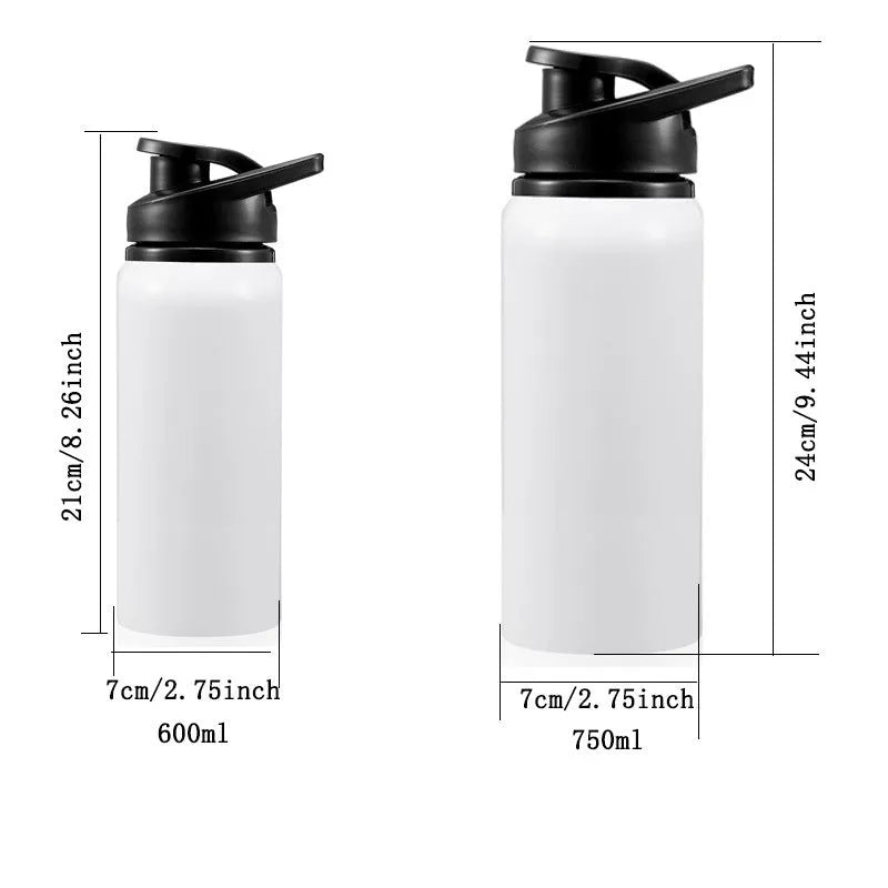 White aluminium sports water bottle for cycling, shown with 600ml and 750ml capacity options.