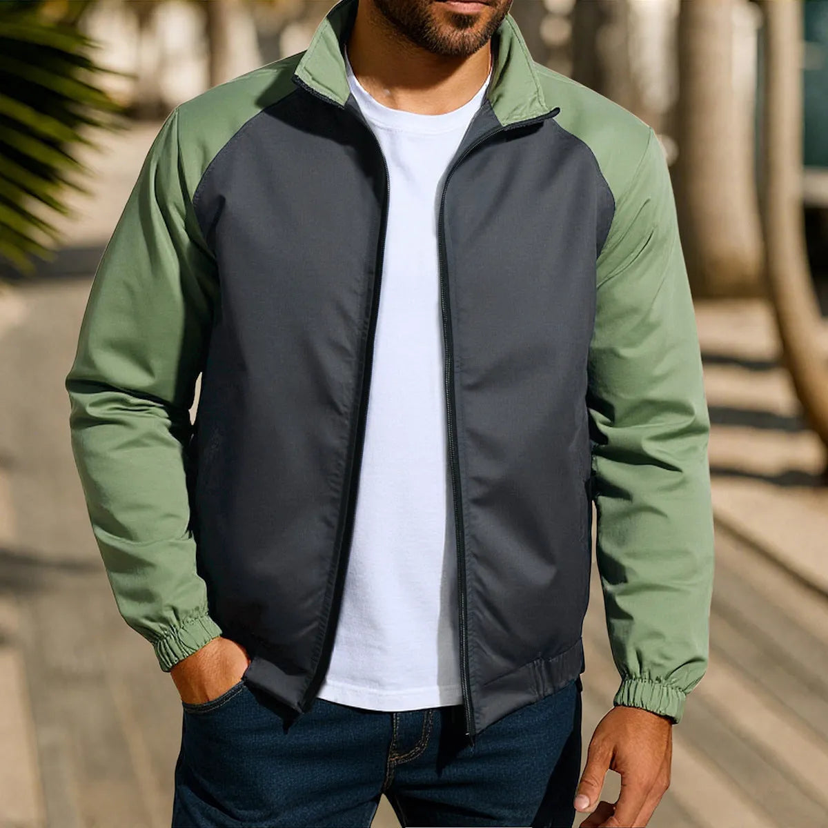 Men's casual coat with stand collar and contrast colour, raglan sleeves, loose fit, in red colour