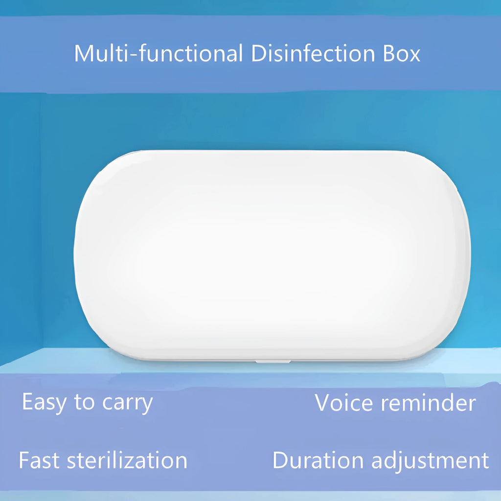 White rectangular wireless UV steriliser box with aromatherapy function for phones and small items.