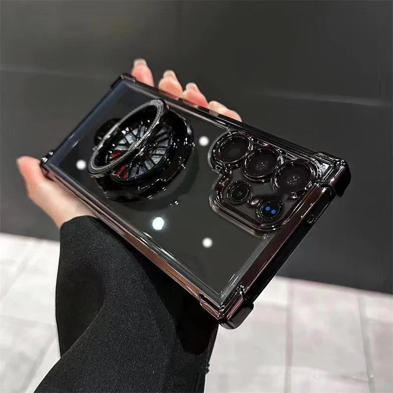 Samsung Decompression Gyro Magnetic Bracket Phone Case in black, side view showing built-in kickstand