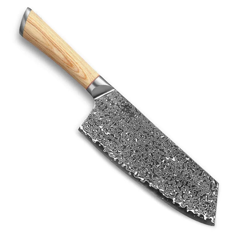 Damascus pattern kitchen knife set with V gold steel core showing 67-layer folded construction