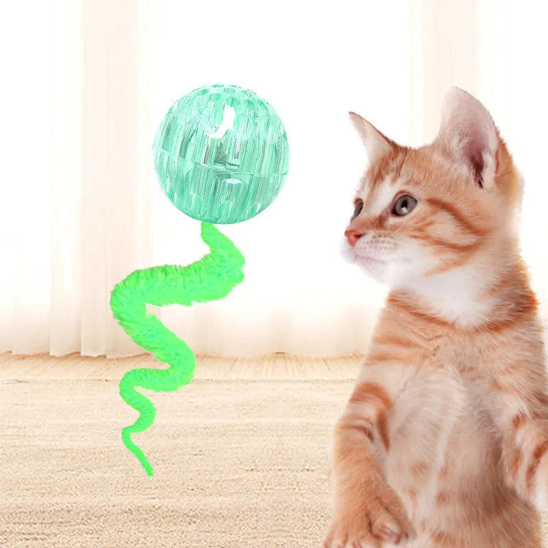 TPR interactive cat ball toy with attached worm tail in green, pink or purple colours