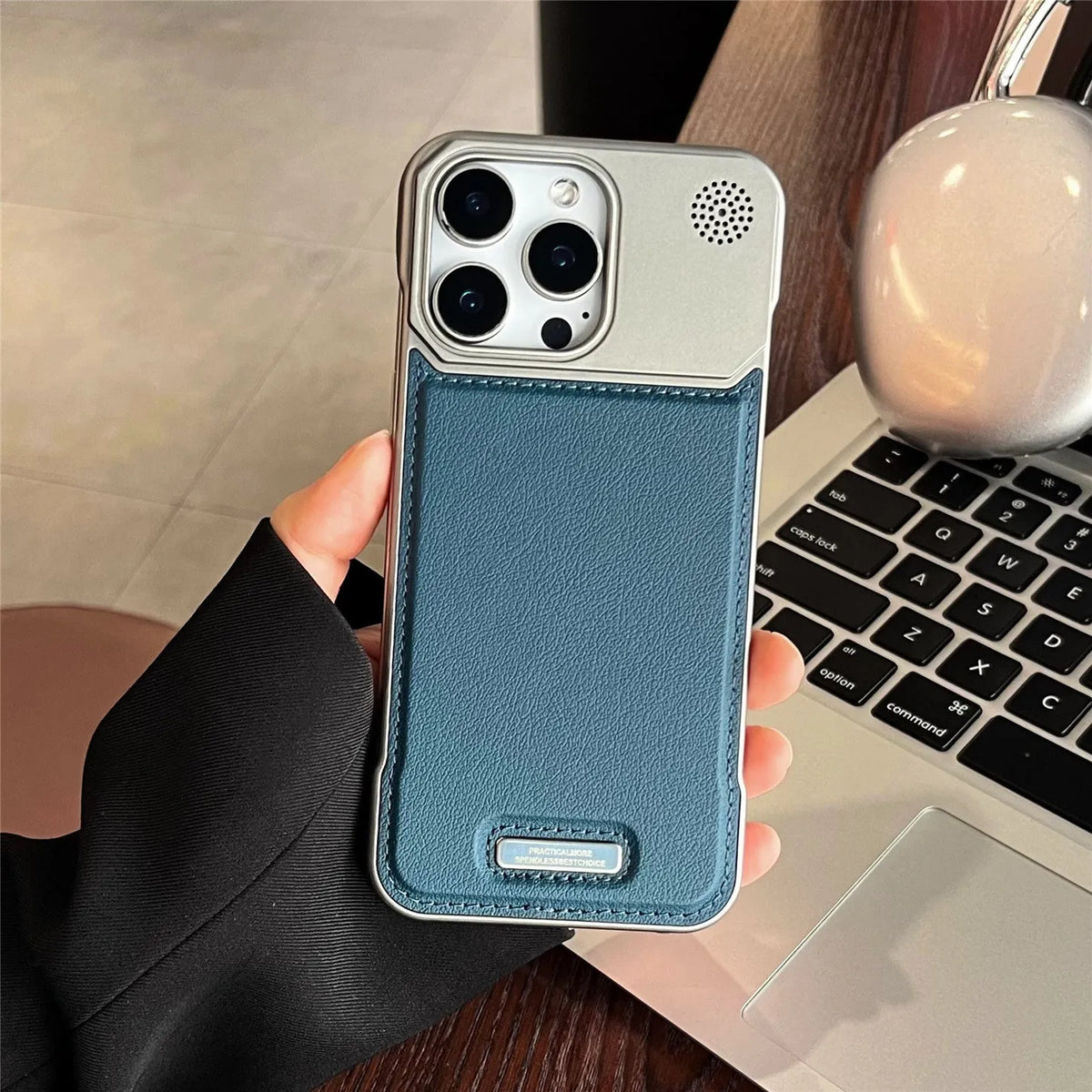 Aromatherapy leather magnetic phone case for iPhone, frameless hard PC cover in Black, Gray, Blue, Brown or Gold.