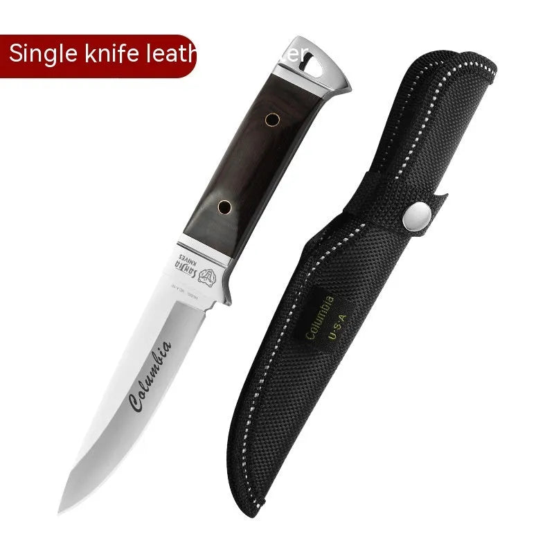 Camping multifunctional portable fruit knife with leather case and stainless steel blade