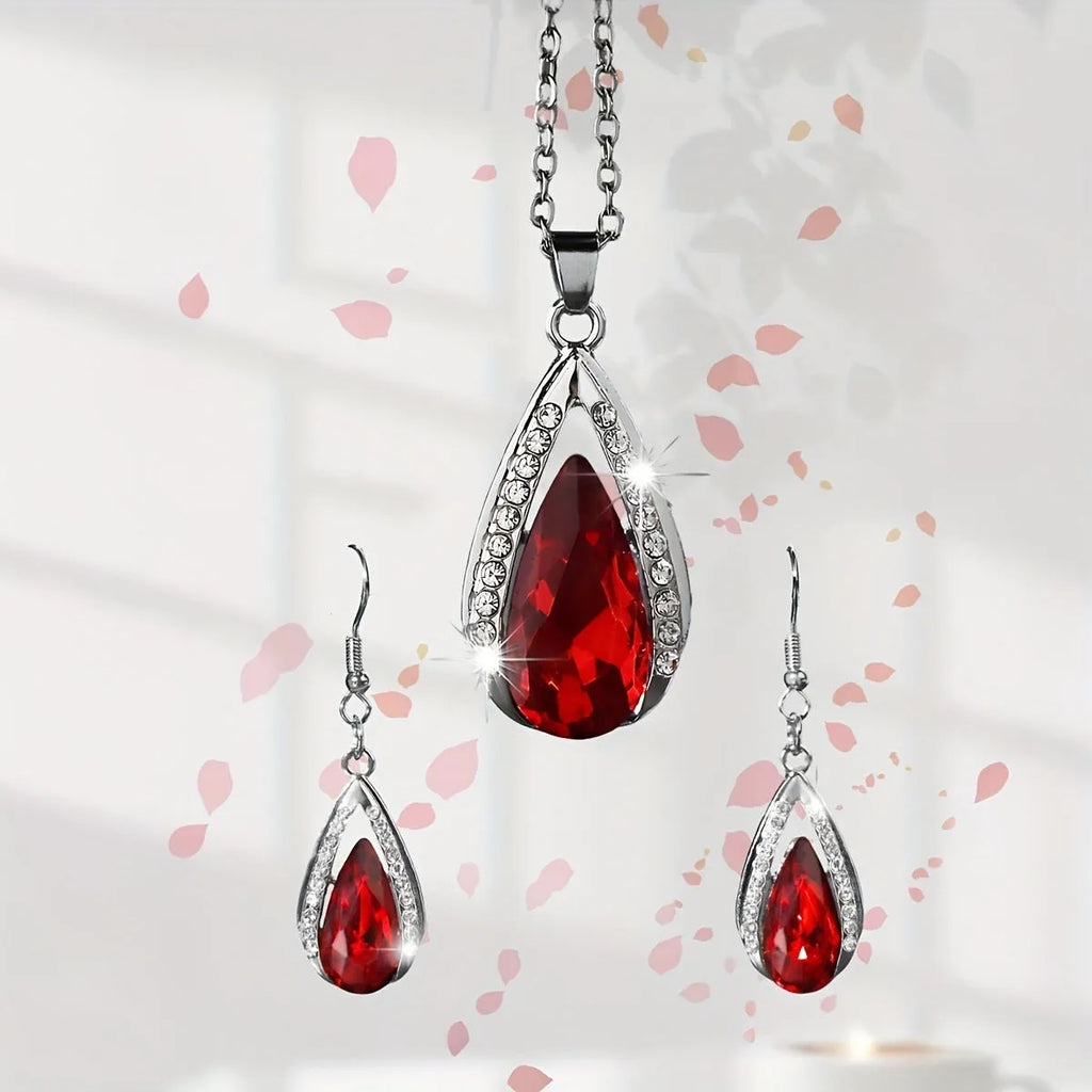 Black and red teardrop pendant alloy necklace and matching earrings set.