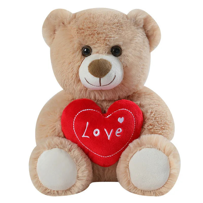 Cute heart-hugging teddy bear plush toy in brown, 30cm tall, standing on a white background