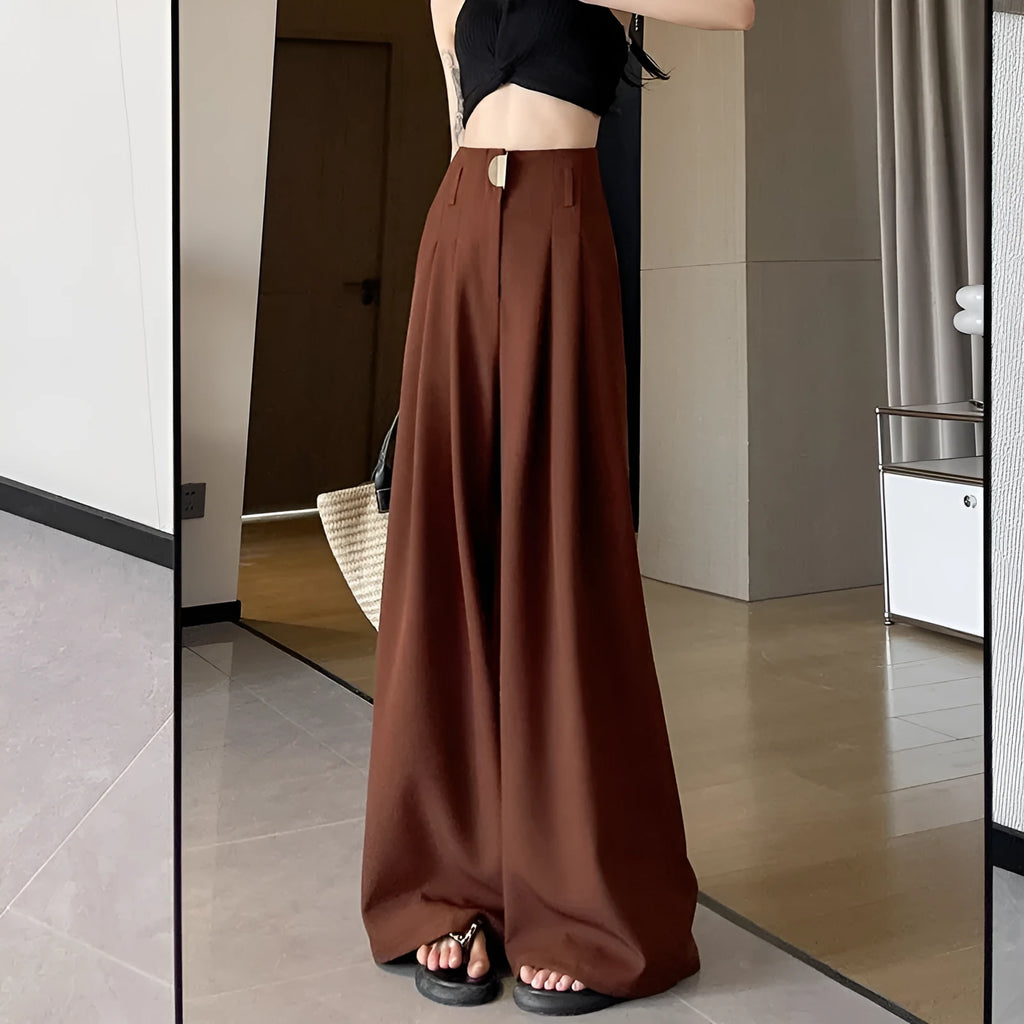 Women's high-waisted wide-leg pants in black, slightly elastic spandex fabric, loose straight fit, regular length