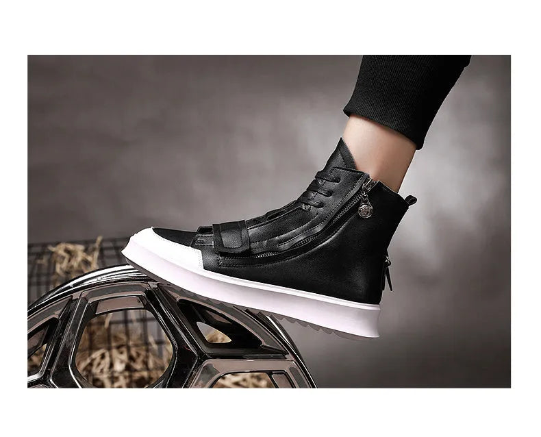 Men's black PU leather high-top ankle boot on a white background, showing sneaker-style design.
