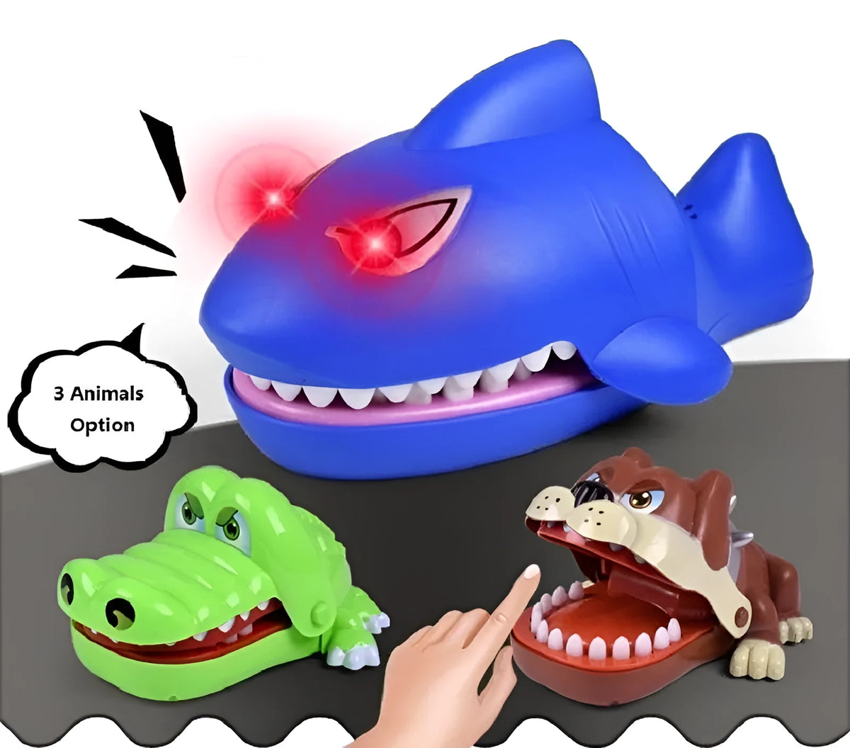 Multicoloured plastic bite hand animal toy in dog, crocodile, shark, and hippo shapes for parent-child game play